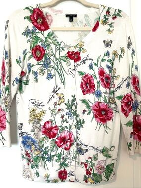 Talbots Cottage Floral Lightweight Charming Cardigan SZ SP White Spring